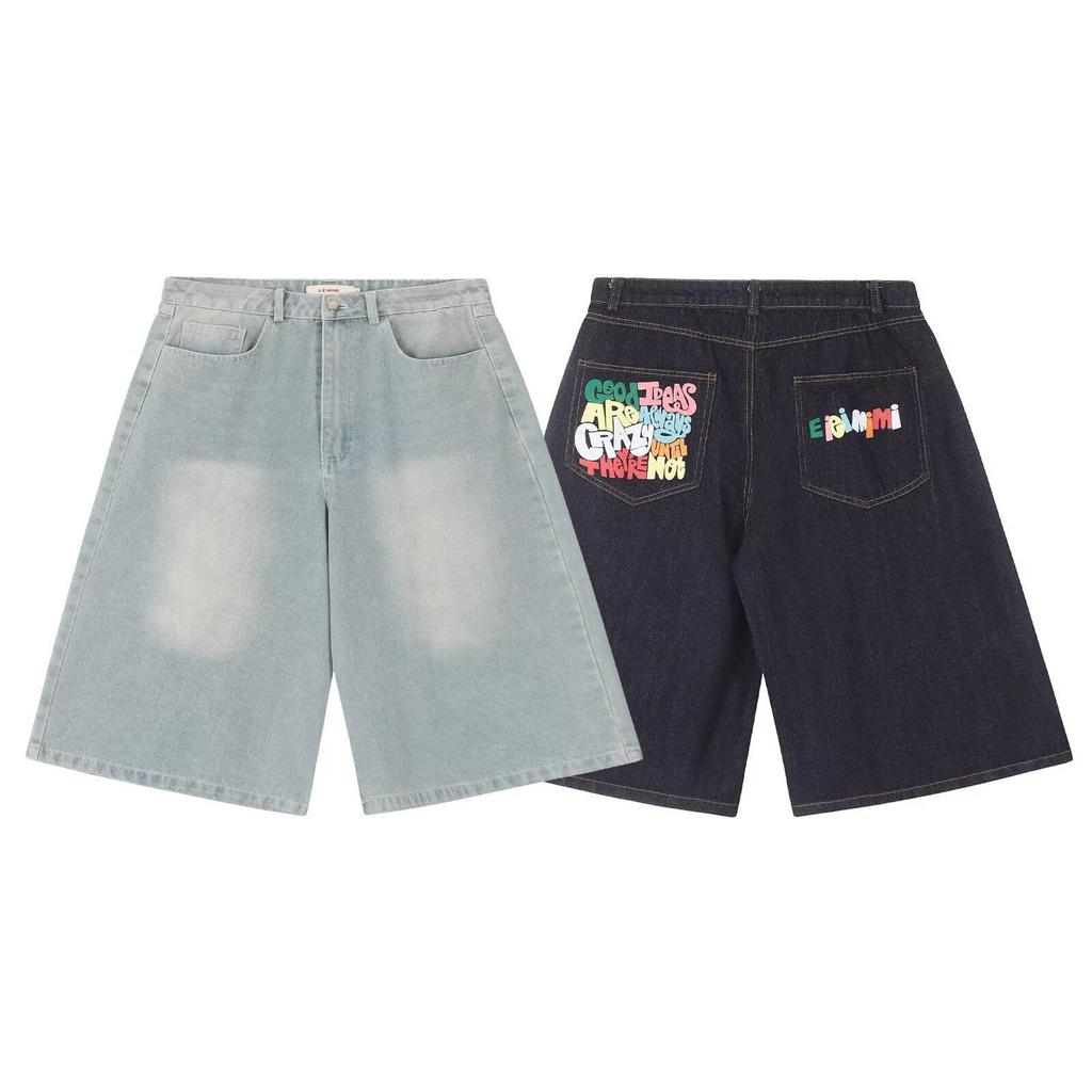 Unisexowe szorty dżinsowe w amerykańskim stylu z kolorowym napisem Dopamina: Wiosenno-letnie luźne spodnie cropped