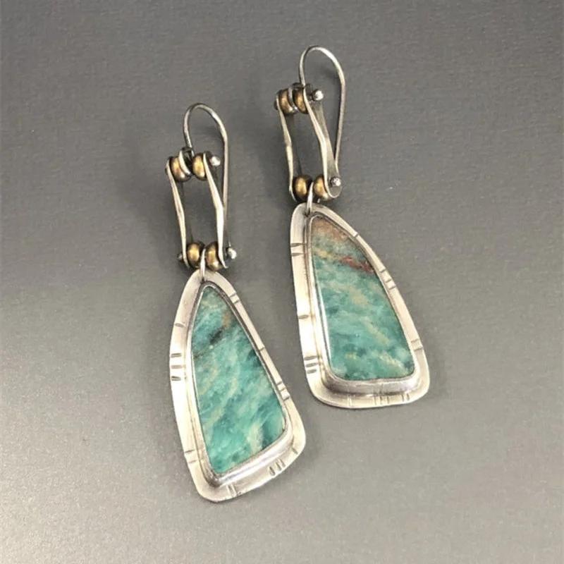Long Irregular Triangle Pattern Hook Earrings Vintage Two Tone Metal Carving Personalized Handmade Dangle Earrings for Women