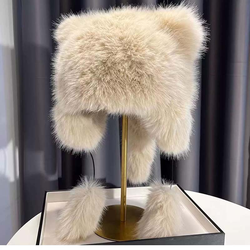 Women Winter Warm Kawaiyi Fox Fur Imitation Mink Plush Hat Thickened Cute Bear Ear plush Lei Feng hat Ear Protection Cosplay Cap