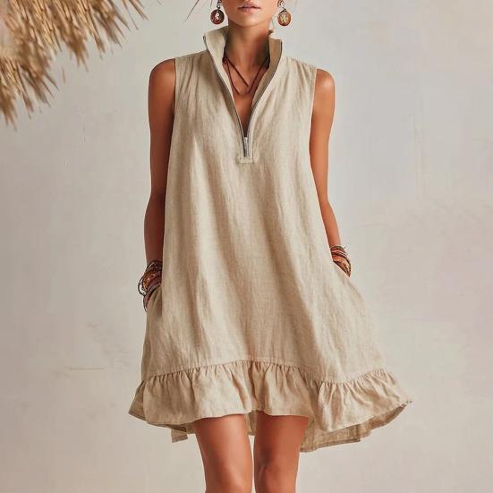 Women's Sleeveless Mini Dress, Half Zipper Stand Collar Ruffle A-line Dress, Summer Casual Flowy Beach Vacation Sundress