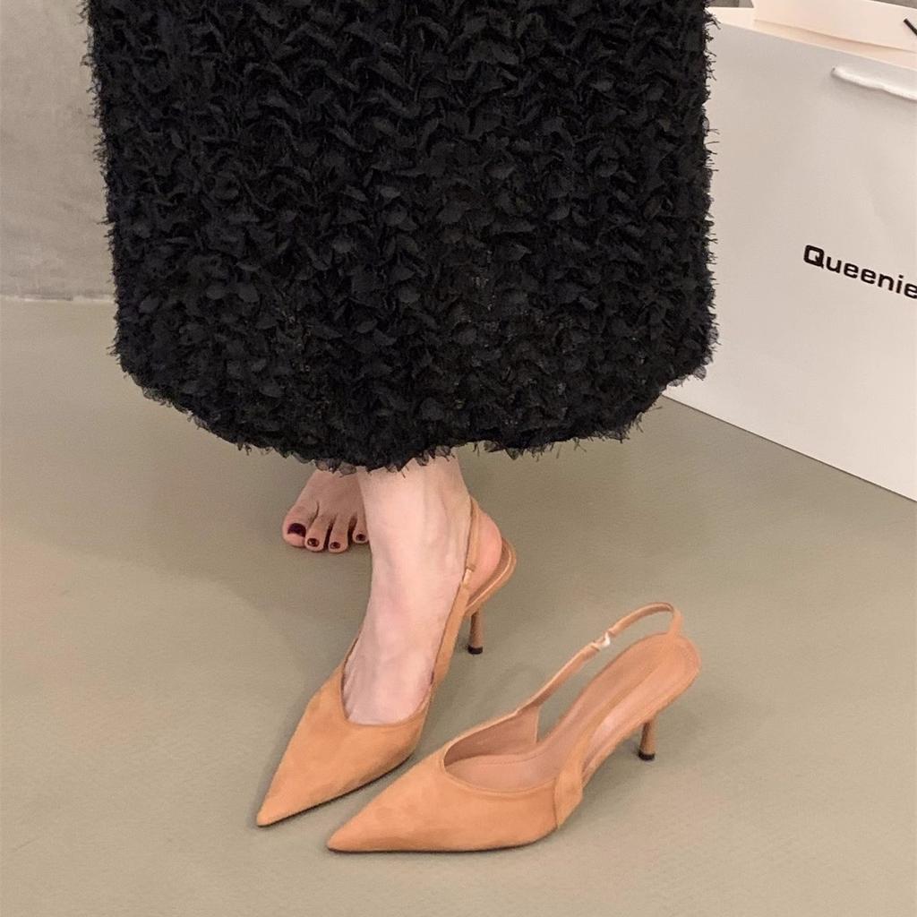 Niche French leopard print high heels bag head sandals fairy shoes 2025 new spring and summer suede pointed single shoes