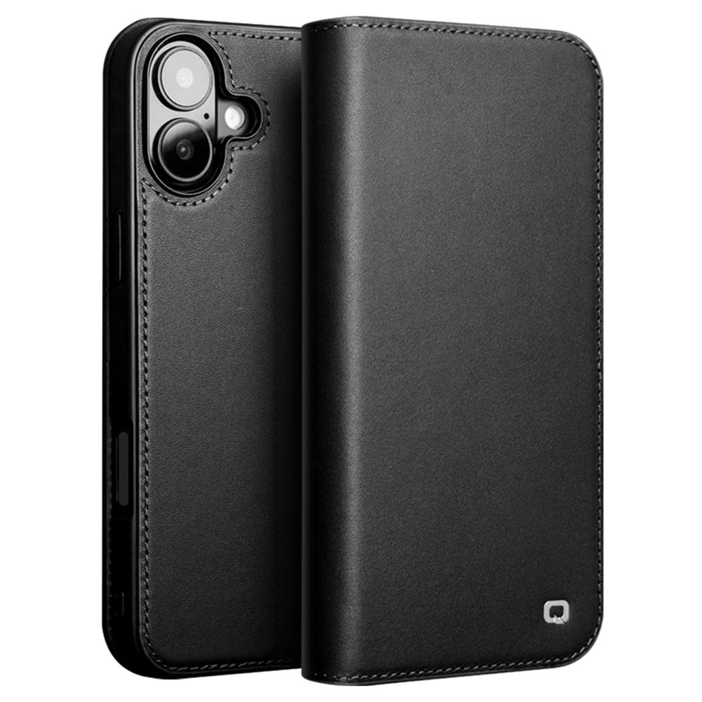 

QIALINO For iPhone 16 Plus Stand Case Anti-Drop Genuine Cow Leather Wallet Phone Cover Black