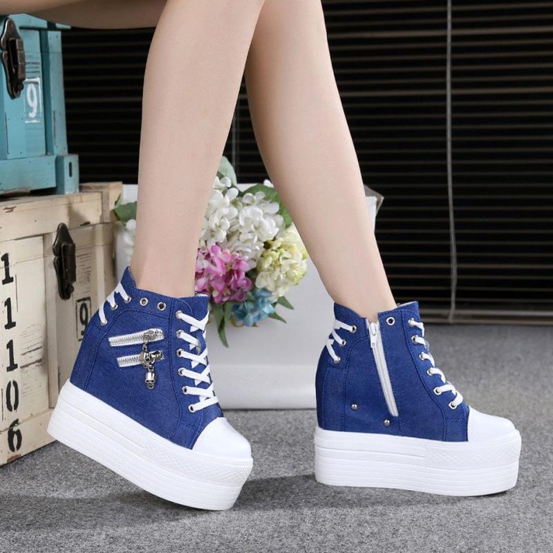 Women's Canvas Shoes Wedges Heel Thick Bottom Increased Casual Shoes High-heeled Platform Lace Up Wedge Sneakers
