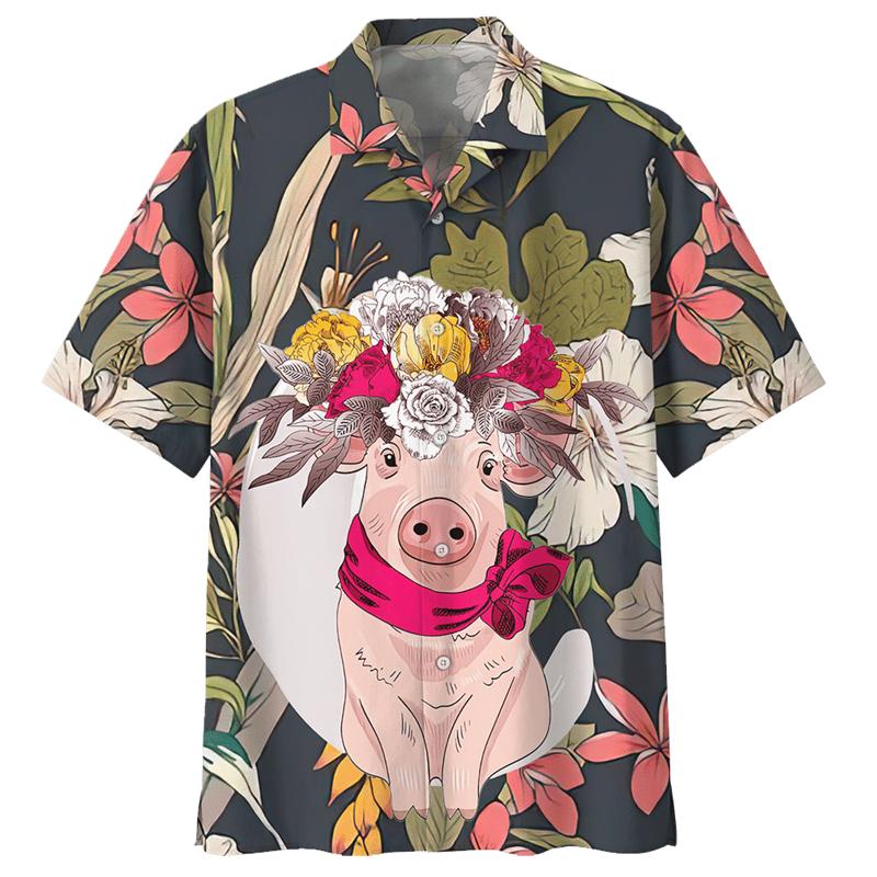 Cartoon Schwein Muster Hawaiihemd für Herren 3D Gedruckte Tiere Kurze Ärmel Sommer Revers Übergroße Hemden Street Button Blusen