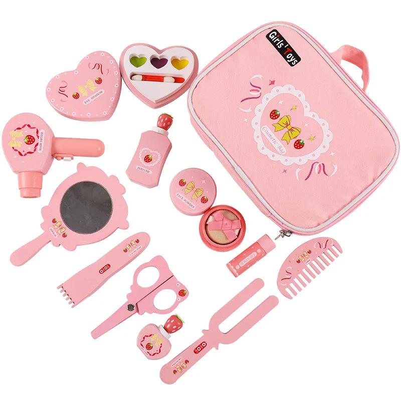 Children Pretend Play Pink Makeup Bag Wooden Play House Toys Simulation Girl Make Up Set Dressing Table Cosmetics Toys Gift