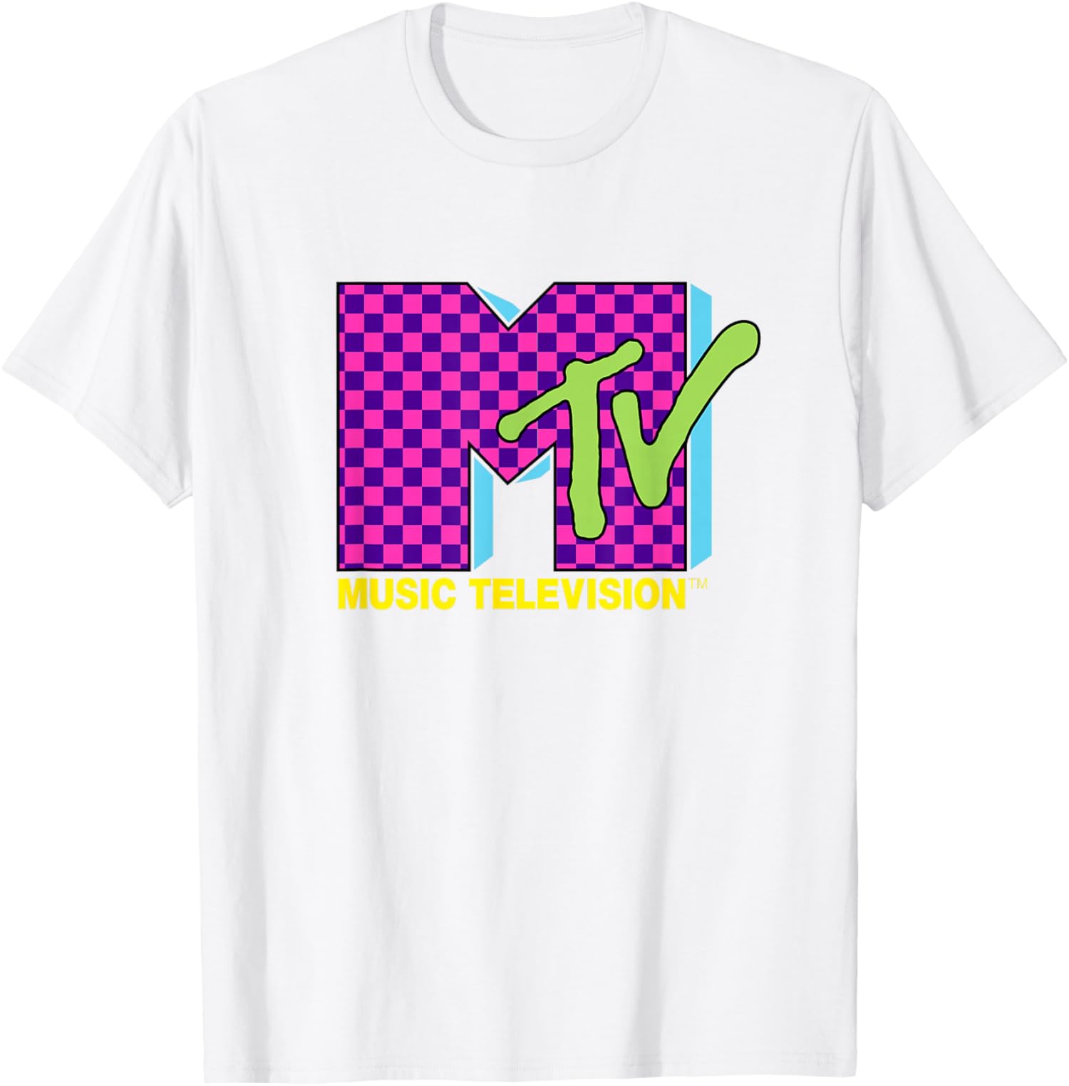 Retro 80s Neon Checkerboard Vintage Music Vibes Unisex T-Shirt Graphic Tee M