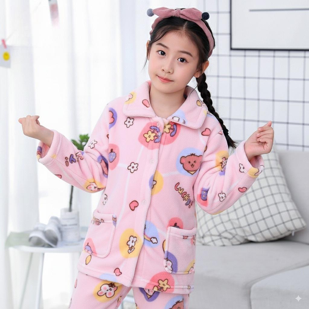 Girls' Pajamas Long Sleeve Flannel Children's Pajamas Autumn Winter Coral Fleece Boys' Baby Kids' Homewear Set