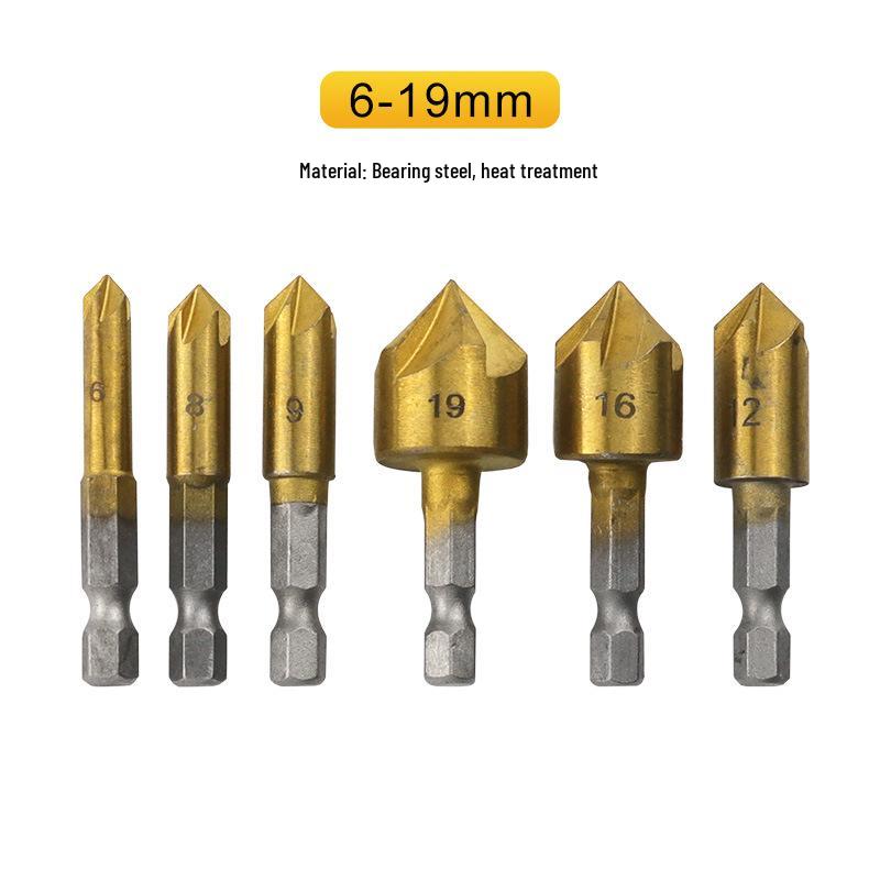 Plastic Wood Board Chamfering Tool Set: 82° Hex Shank Five-Flute Countersink, 6mm-19mm, Six Pieces.