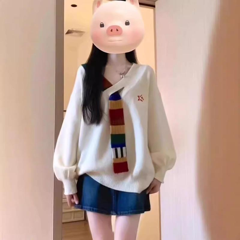 

Vintage rainbow splicing v-neck knitted sweater jacket autumn and winter fashion versatile lazy style long-sleeved sweater one size fits all чёрный