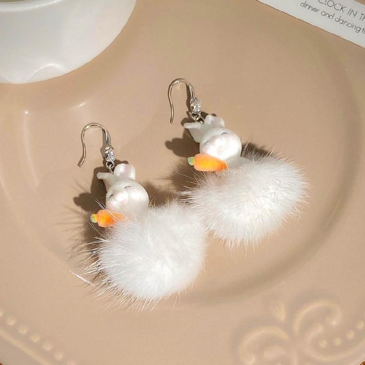 Fashionable Animal Earring White Plush Rabbit Pendant Earrings Women Girls Gift