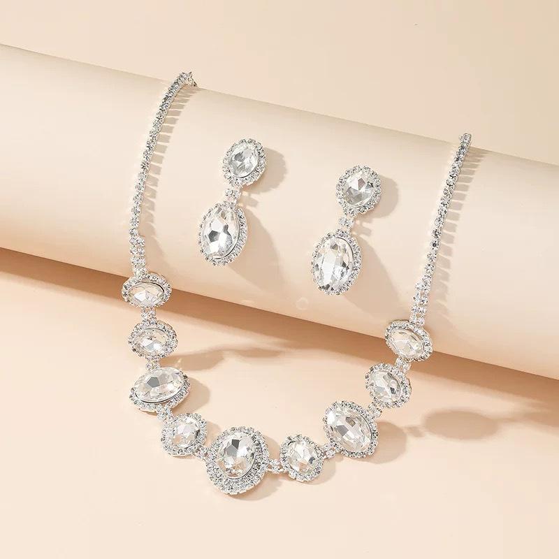 Fashion Simple Water Drop Crystal Rhinestone Necklace Earrings For Women Wedding Dress Accessories Light Luxury Jewelry Sets