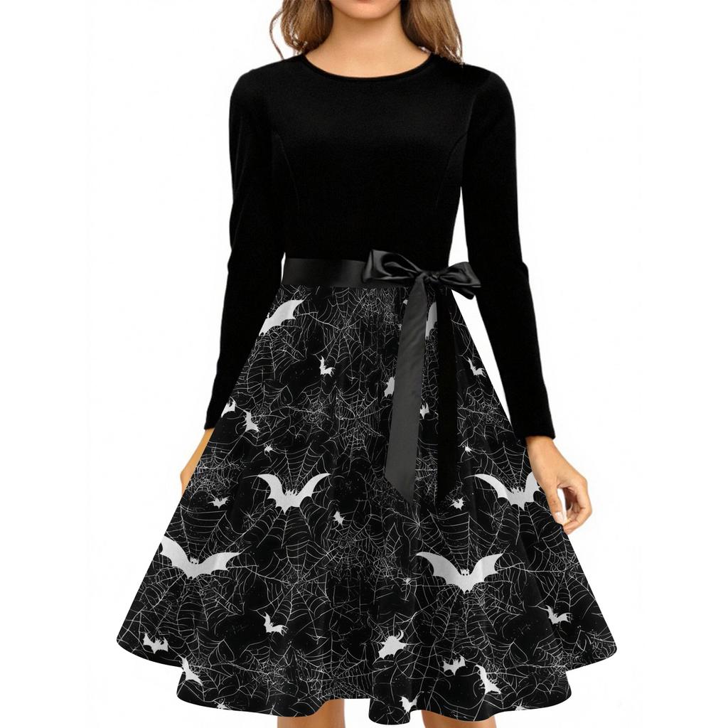 Women's Casual Vintage Halloween Dress Long Sleeve Crew Neck Retro Swing Dress with Spider Web and Bat Print and Waist Tie Belt for Everyday Wear
