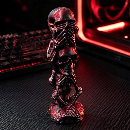 Creative Resin Crafts 3D Printed Triple Skull Statue, Halloween Horror Hear No Evil See Office Desk Accessories Speak Figurine, Decor for