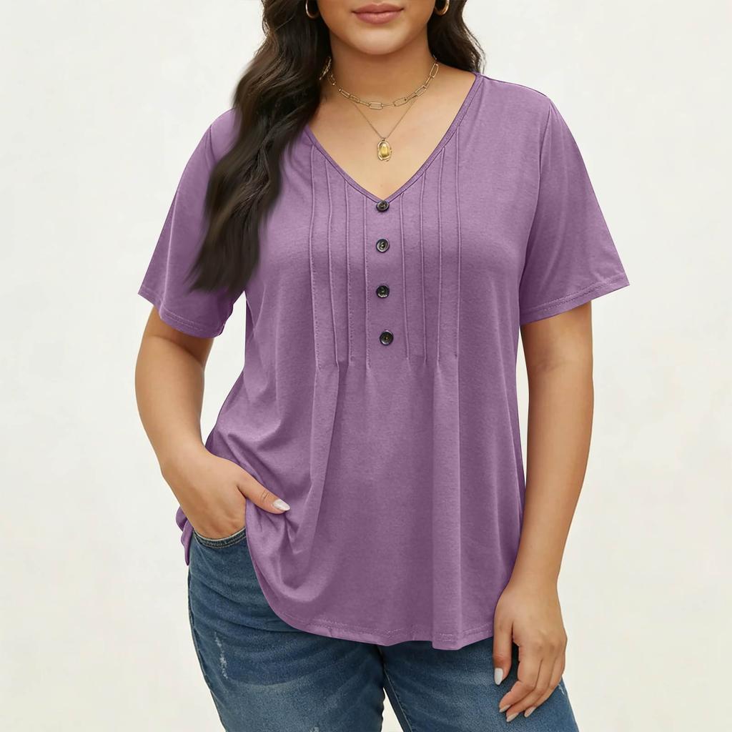 Women's Plus Size Fashionable Casual Loose-Fit V-Neck Button-Down Short-Sleeve Top
