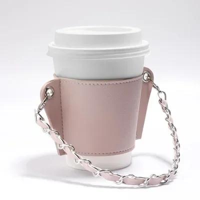 Coffee Cup Cover Chain Portable Pu Leather Drink Soda Bag Hanging Portable Heat Insulation and Ironing Cup-Cover