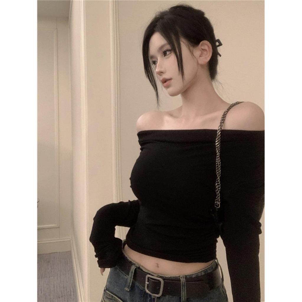 Women's Gray One-Shoulder Long-Sleeve T-Shirt: Slim-Fit, Flattering, Sexy, Short, High-End Feel for Autumn/Winter.