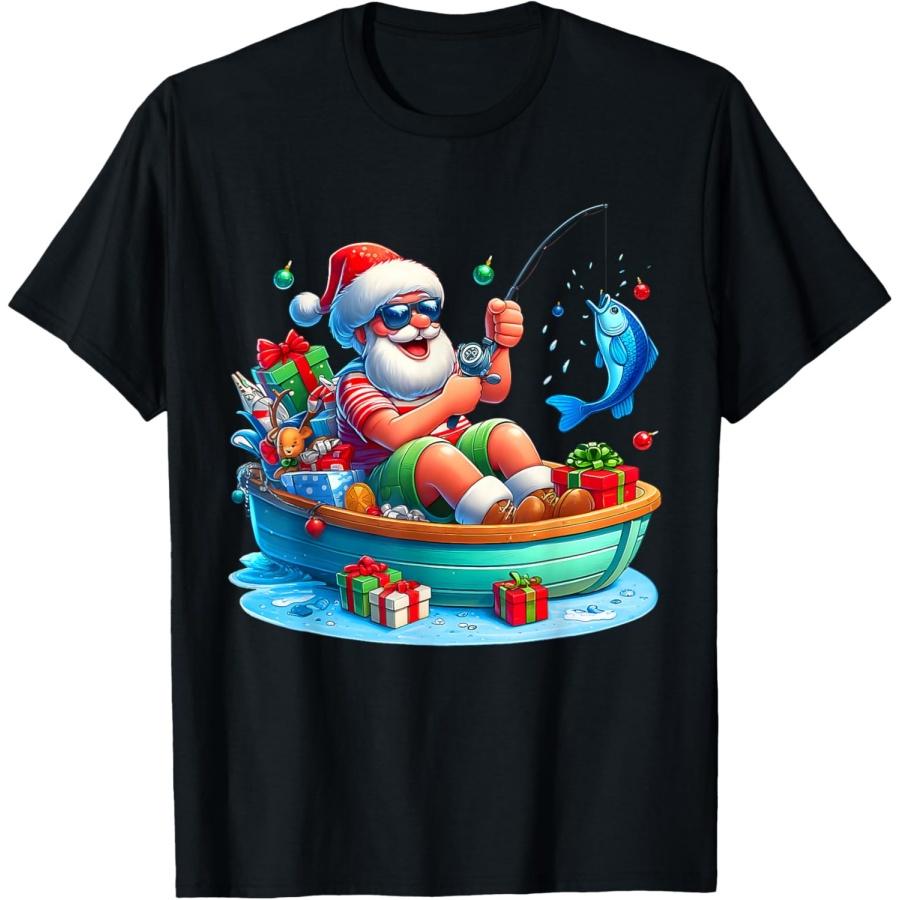 Funny Santa Claus Fishing Christmas In July Beach Boy Kids T-Shirt S
