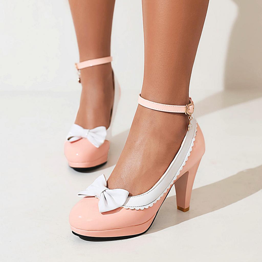 Women's Patent Leather Mary Jane Shoes High Heels Platform Sweet Bow Lolita Evening Party Ladies Pumps OL Office Work