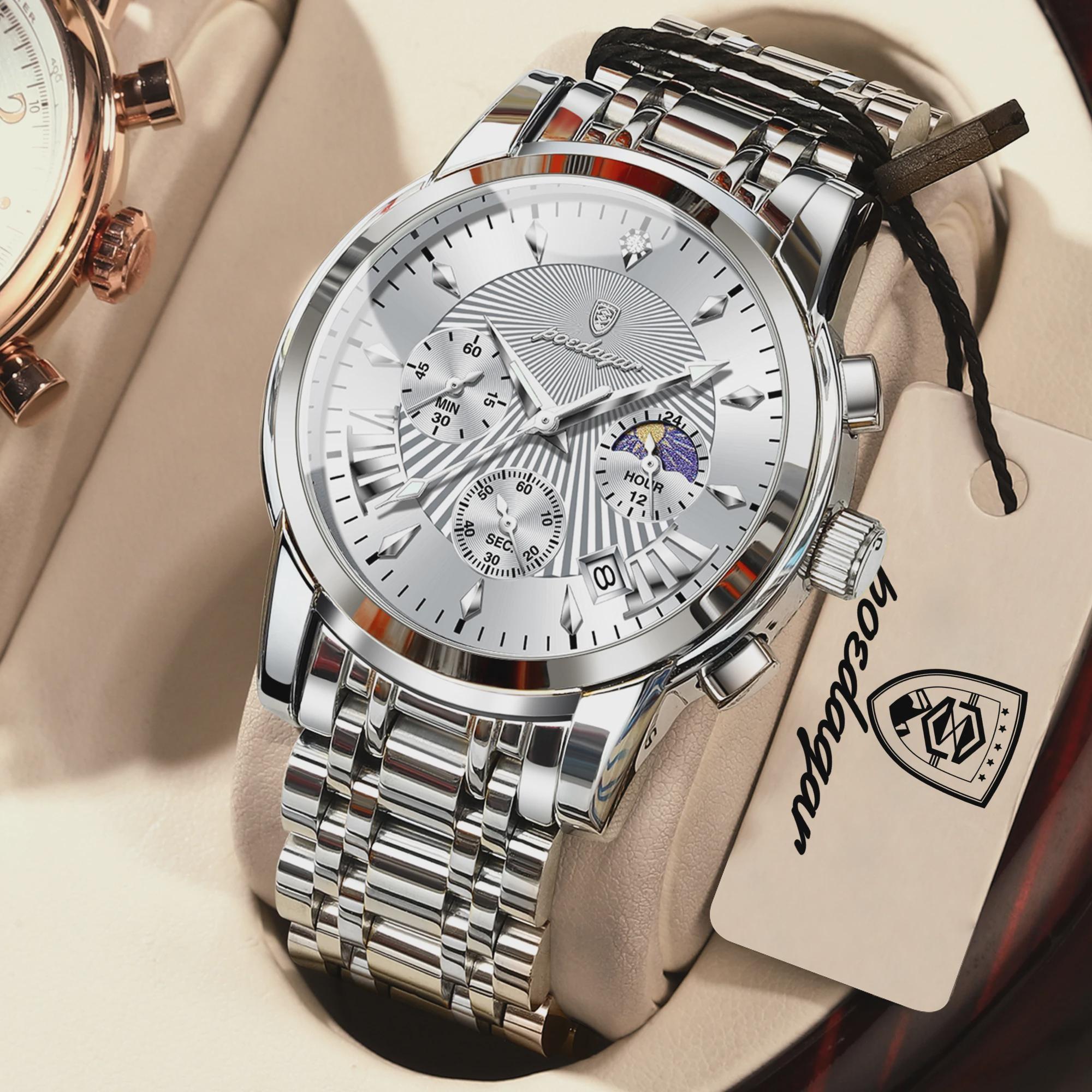 Business Men Watches Waterproof Luminous Date Chronograph Fashion Man Watch Stainless Steel Men s Quartz Watches серебряный/белый
