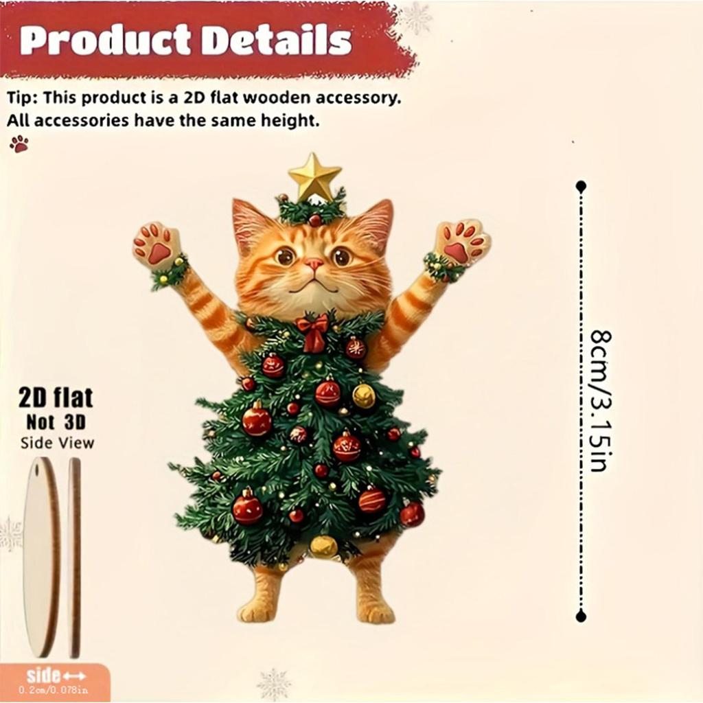 6PCS Christmas Tree Pendants Cute Cat Hanging Ornaments 2D Flat Wooden Pendant For Car Backpack Xmas Tree Decorations Party