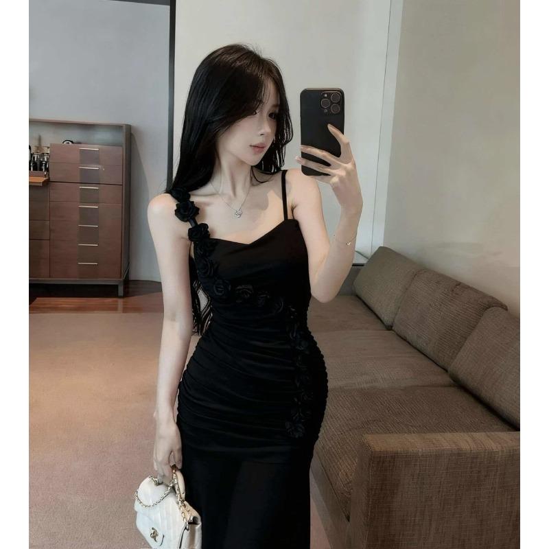 

Solid color mesh splicing flower sleeveless long suspender hip skirt pure desire sexy fishtail split slim dress S чёрный