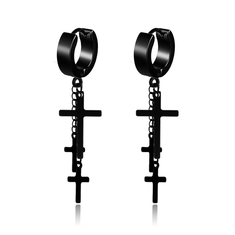 WKOUD 2023 New Black Punk Stainless Steel Women Men Hoop Earrings Small Trendy Round Cross Pendants Jewelry Accessories Gifts