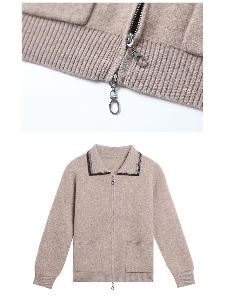 100% Pure Wool Women's Zipper Stand Collar Sweater Coat for Spring and Autumn/Winter Warmth, Ideal for Mid-Aged and Elderly