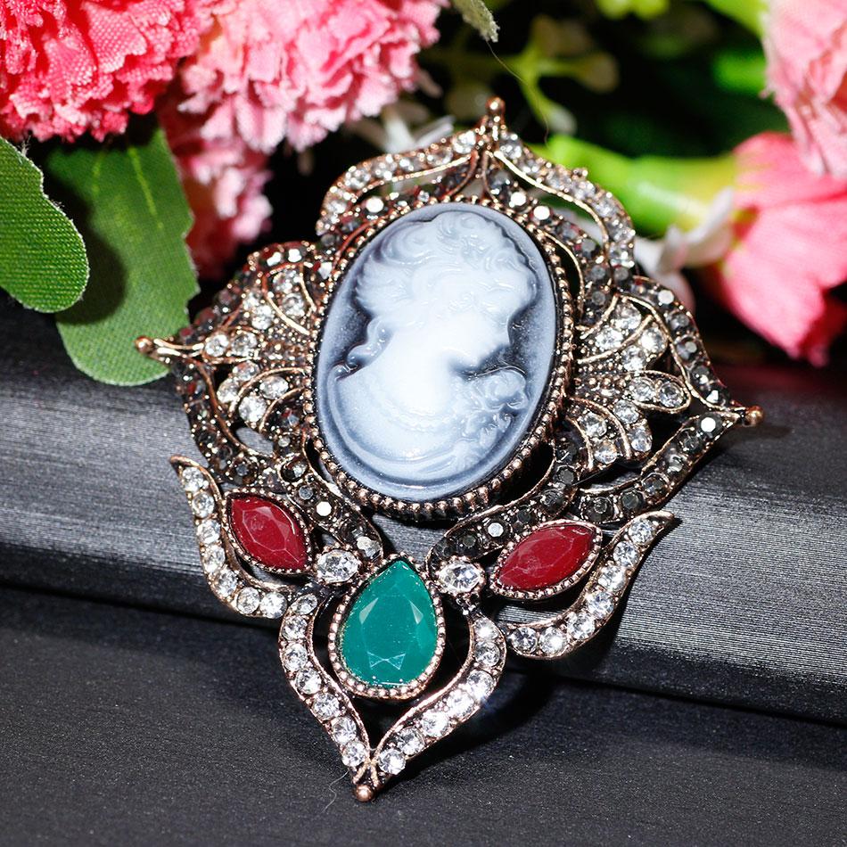 Vintage Kopf Brosche Bohemian Emaille Damen Brosche Antik Gold Farbe Kristall Brautkleid Schmuck Geschenk