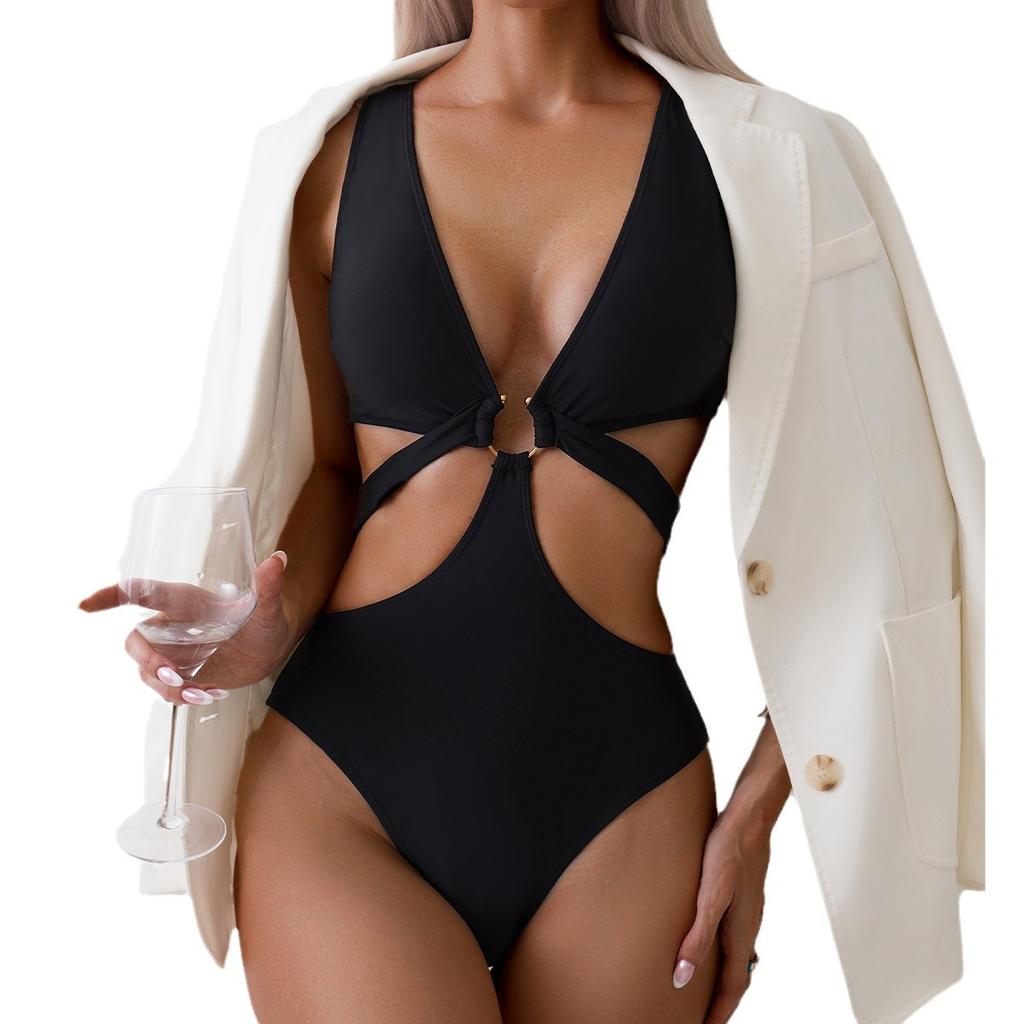 Solid Color Slim Fit Sexy One Piece Bikini Swimsuit Women Fashion Beach Vacation Elegant Swimwear