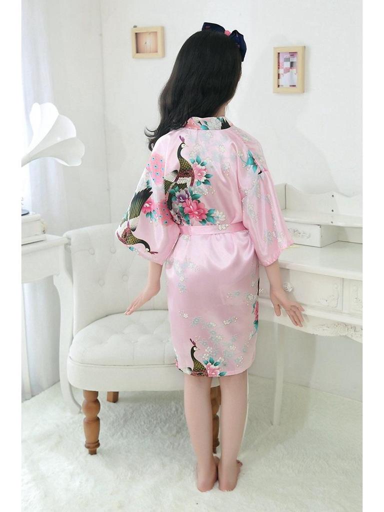 Girls' Silk Peacock Kimono Robe - Children's Nightgown Sleepwear Bathrobe