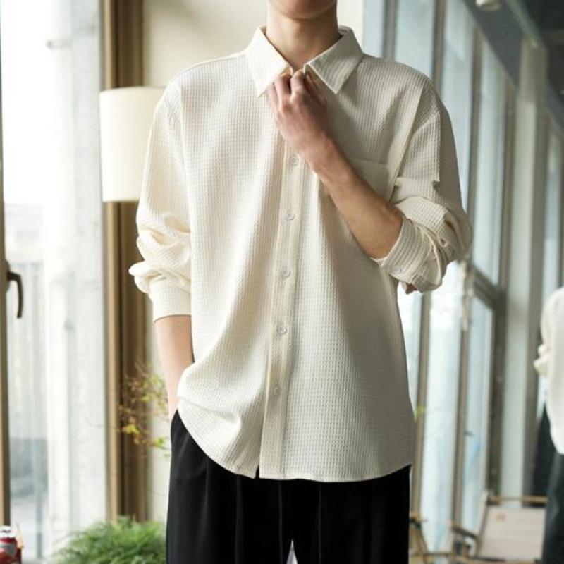 Camicia a Bottoni Waffle da Uomo Yousheng Manica Lunga Casual Vestibilità Larga con Taschino sul Petto Camicia Elegante da Uomo Autunnale