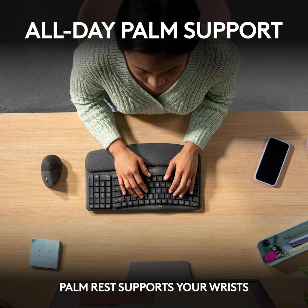 Logitech WAVE KEYS ergonomic keyboard, wireless Bluetooth dual-mode with built-in palm rest, comfortable office multi device connection