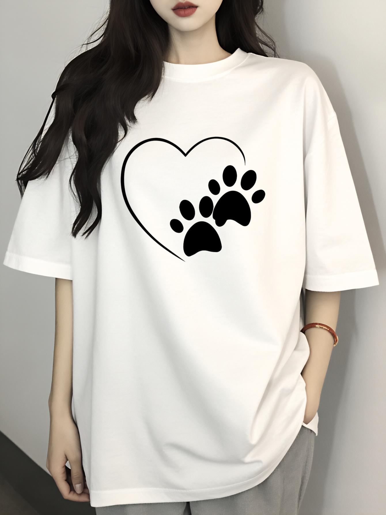 1pc Heart and Paw Print 100% Women s Short-sleeve T-shirt, Unisex, Available in Black, White, Red, Light Gray, and Dark Gray, Casual Classic Fashion, S разноцветный