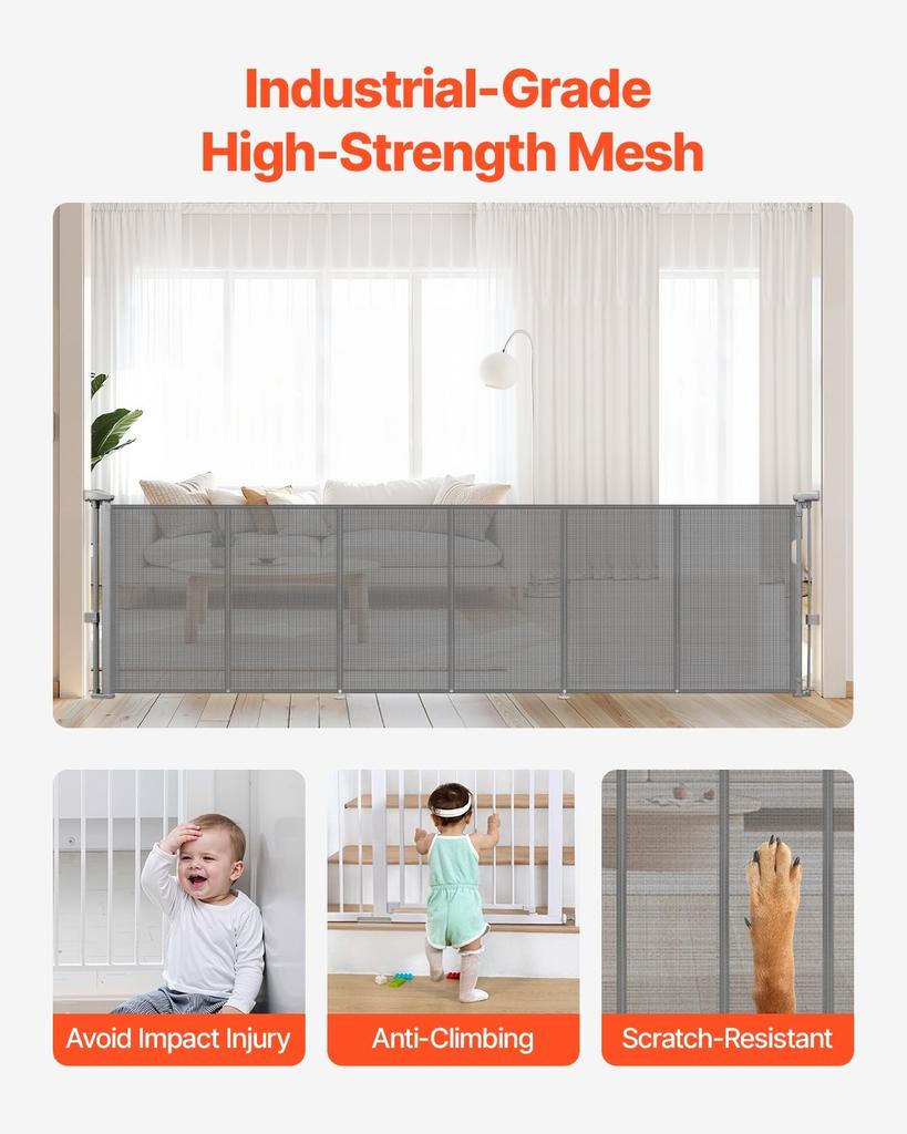 Retractable Baby Gate, 870 Mm Tall, Extends Up To 2800 Mm Wide, Retractable Gate for Kids or Pets, Mesh Material, Easy To Install for Indoor Stairs,