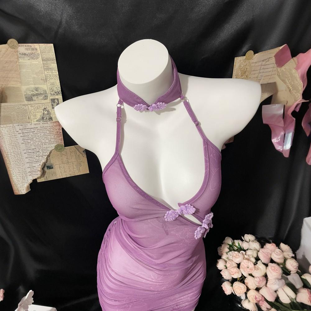 Sex Underwear Pure Desire Purple Cheongsam Sexy Pajamas Women's Antique Butterfly Love Flower Perspective Strap Uniform Free