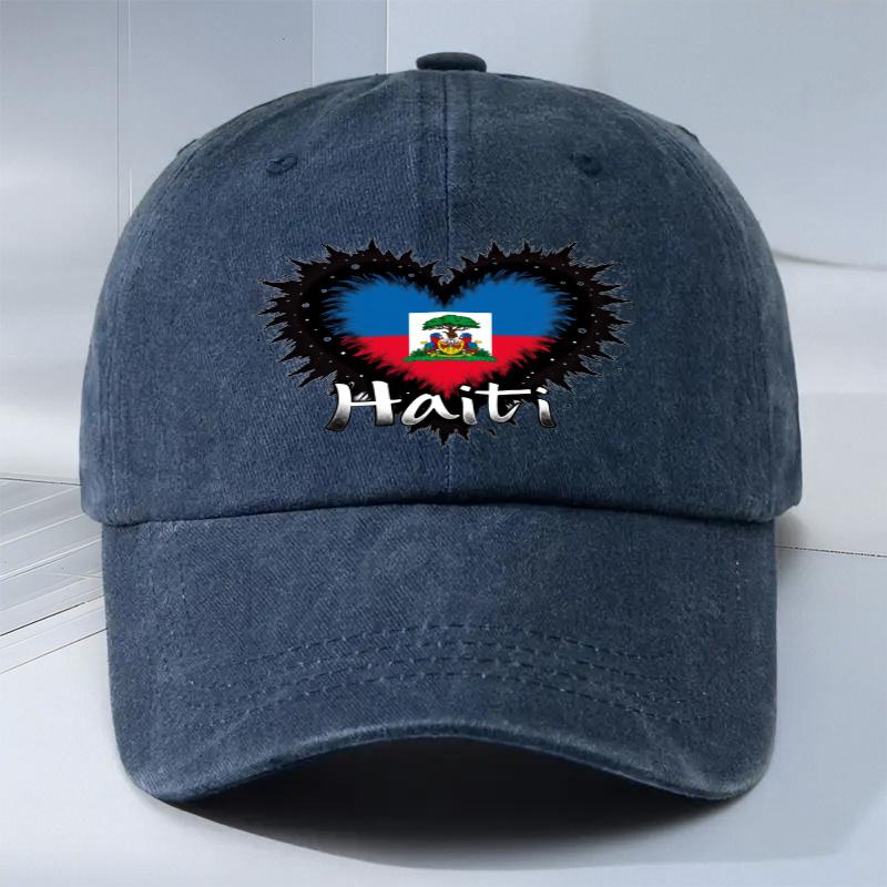 Haitian Flag Heart Baseball Cap Adjustable Polyester Unisex Casual Streetwear Patriotic Heritage Hat