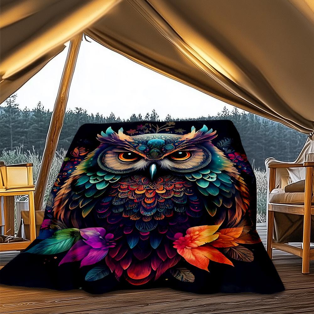 1pc Colorful Owl Print Outdoor Flannel Blanket, Cozy & Warm Soft Te Playful Design, Napping Camping,