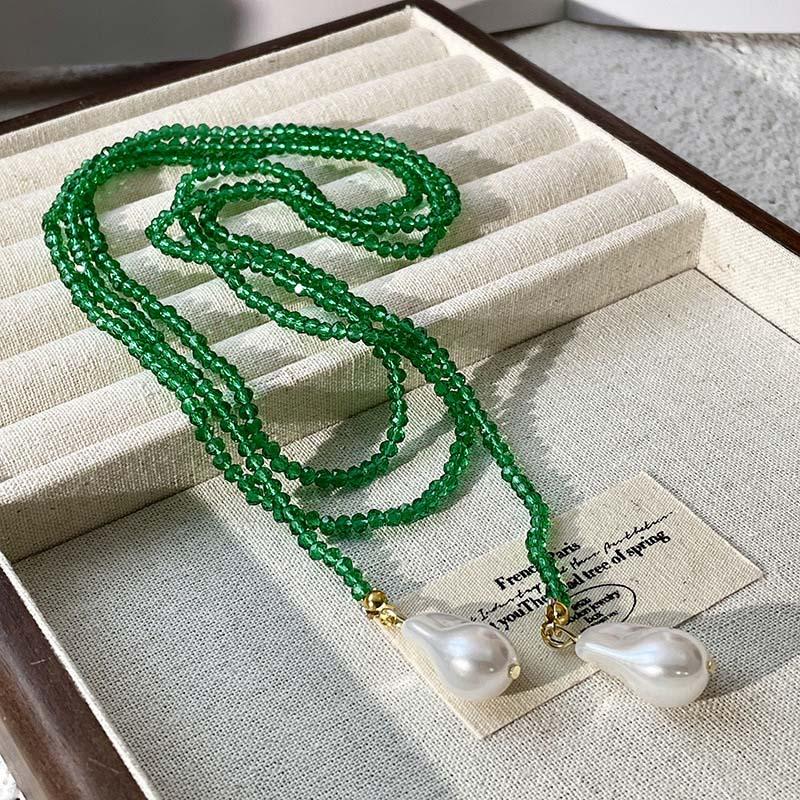 Vintage Grüne Kristallperlen Anhänger Halskette für Damen Mode Handgefertigt Perlen Lang Verstellbare Halskette Zirkon