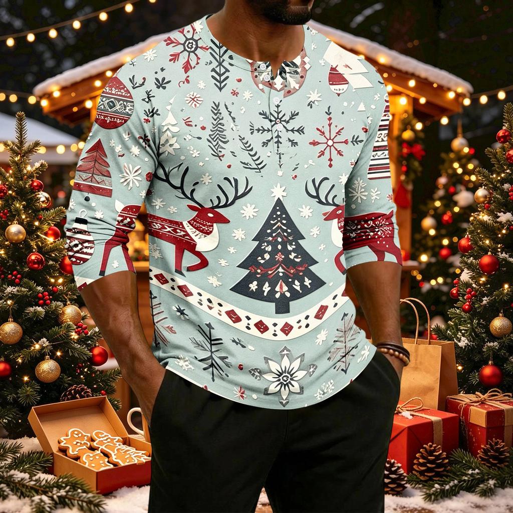 Men's Casual Three-Quarter Sleeve Raglan Shirt with Christmas Print