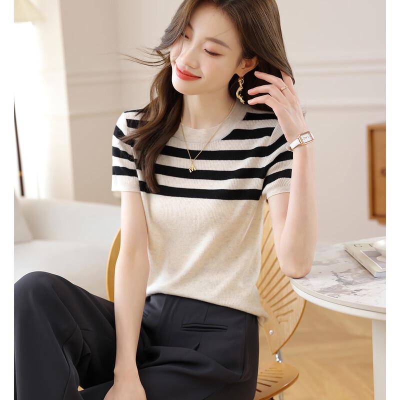 Petite Striped Wool Blend Short-Sleeve Knit Top M