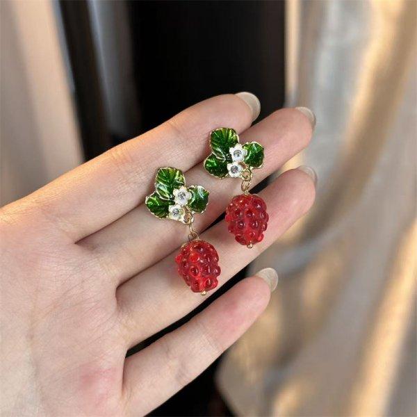 Korean Sweet Cute Strawberry Ribbon Bowknot Drop Earrings for Women Cute Fruit Cake Cup Dangle Earring Girls Lovely Zircon Gift