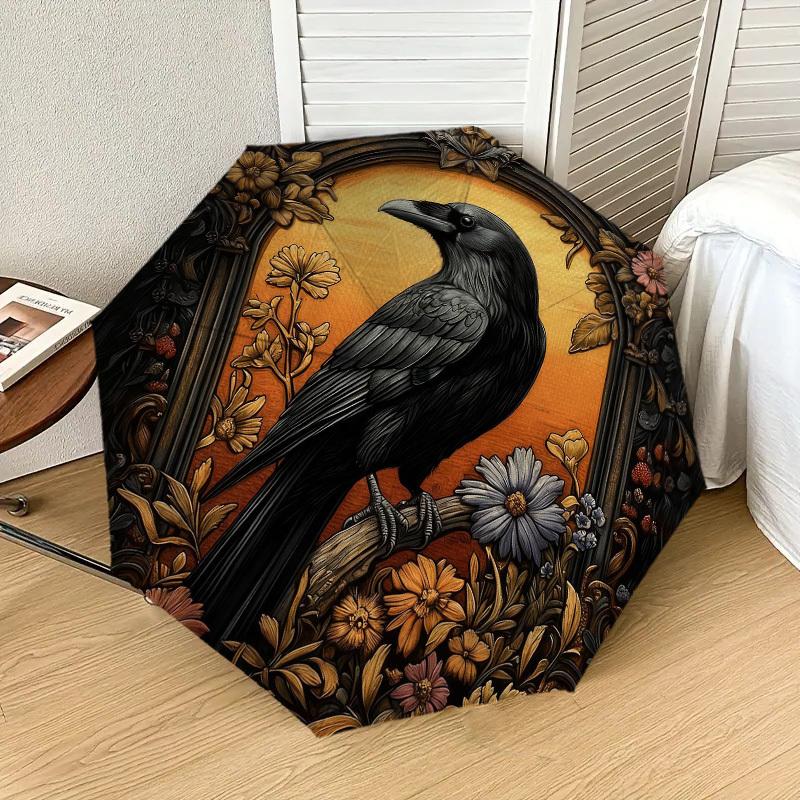 1pc Raven Flowers Automatic Folding Umbrella, Heavy Duty 8 Rib Iron Frame,  Suitable for Travel, Daily Use, Birthday, Decor Gift m0104063