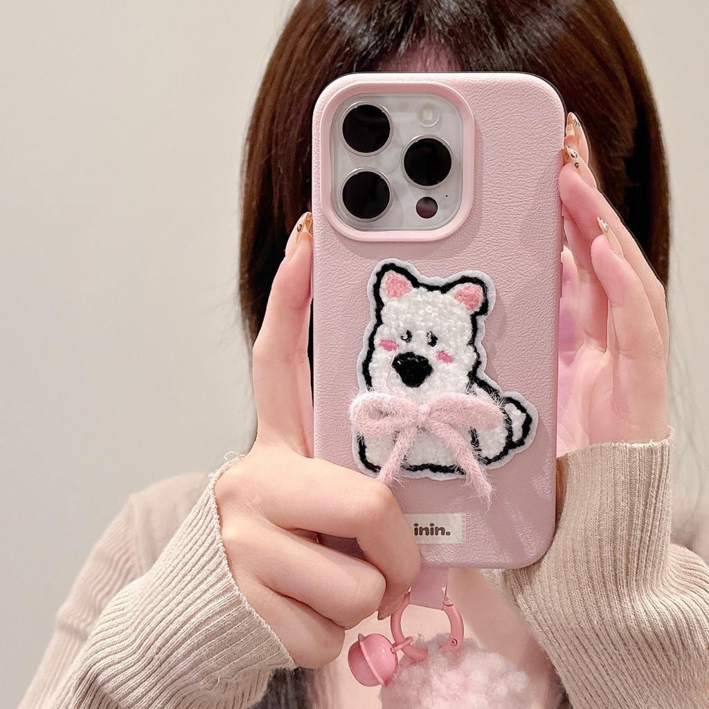 Bow Embroidered West Highland Lychee Pattern IPhone16 15 Mobile Phone Case Suitable for Apple 14 13pmax Cartoon