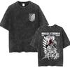 Anime Attack Titan Retro Wash Bedrucktes T-Shirt Mikasa Ackerman Eren Jaeger Freie Flügel Muster Herren Sommer T-Shirt