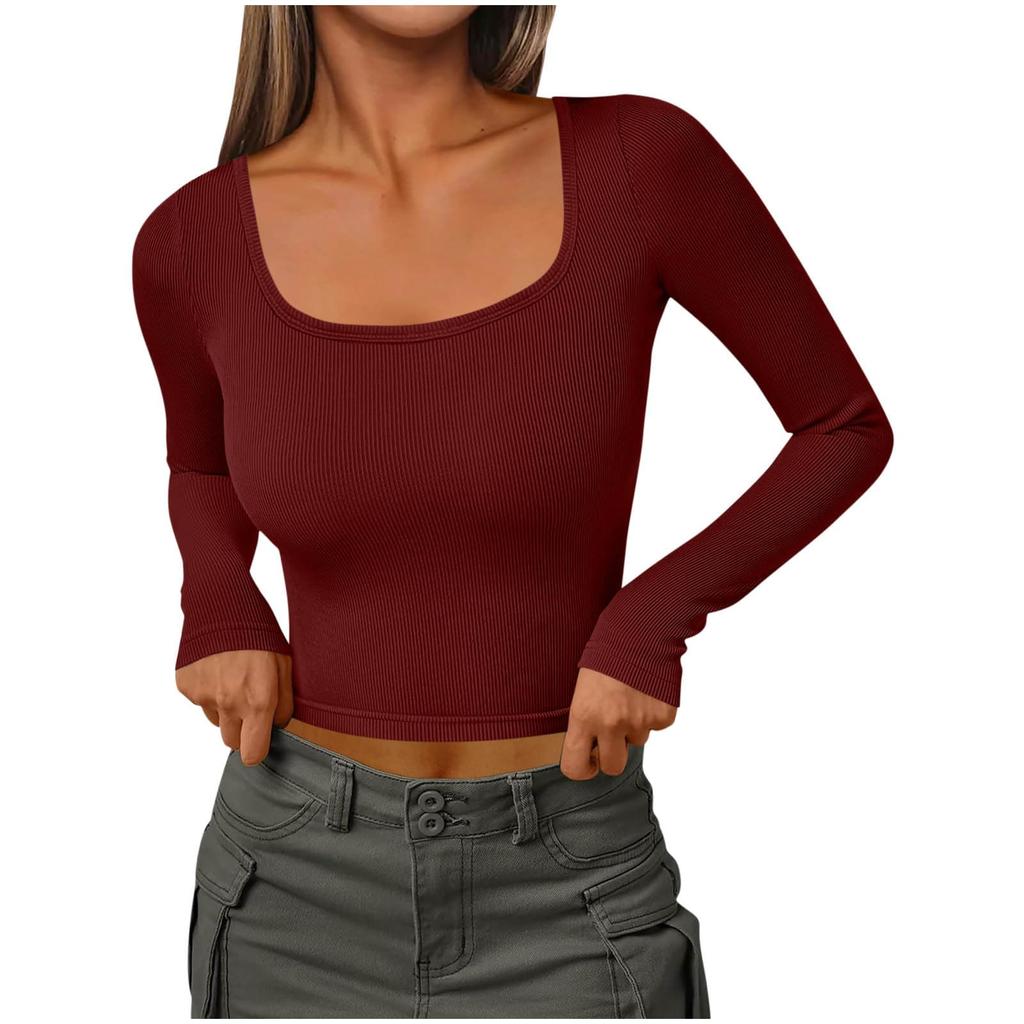 Women's Fashionable Color Thread Slim Fit U-neck Long Sleeved Shirt With Sexy Short Fitting Inside
