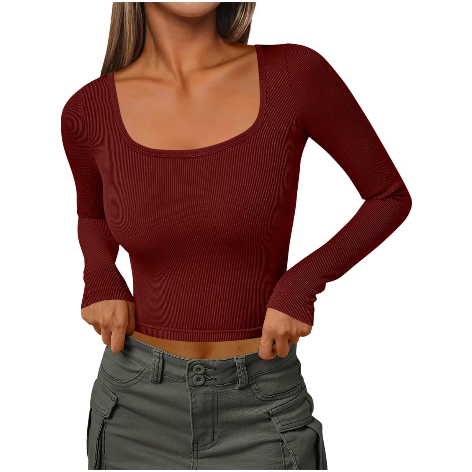 

Women s Fashionable Color Thread Slim Fit U-neck Long Sleeved Shirt With Sexy Short Fitting Inside L винный