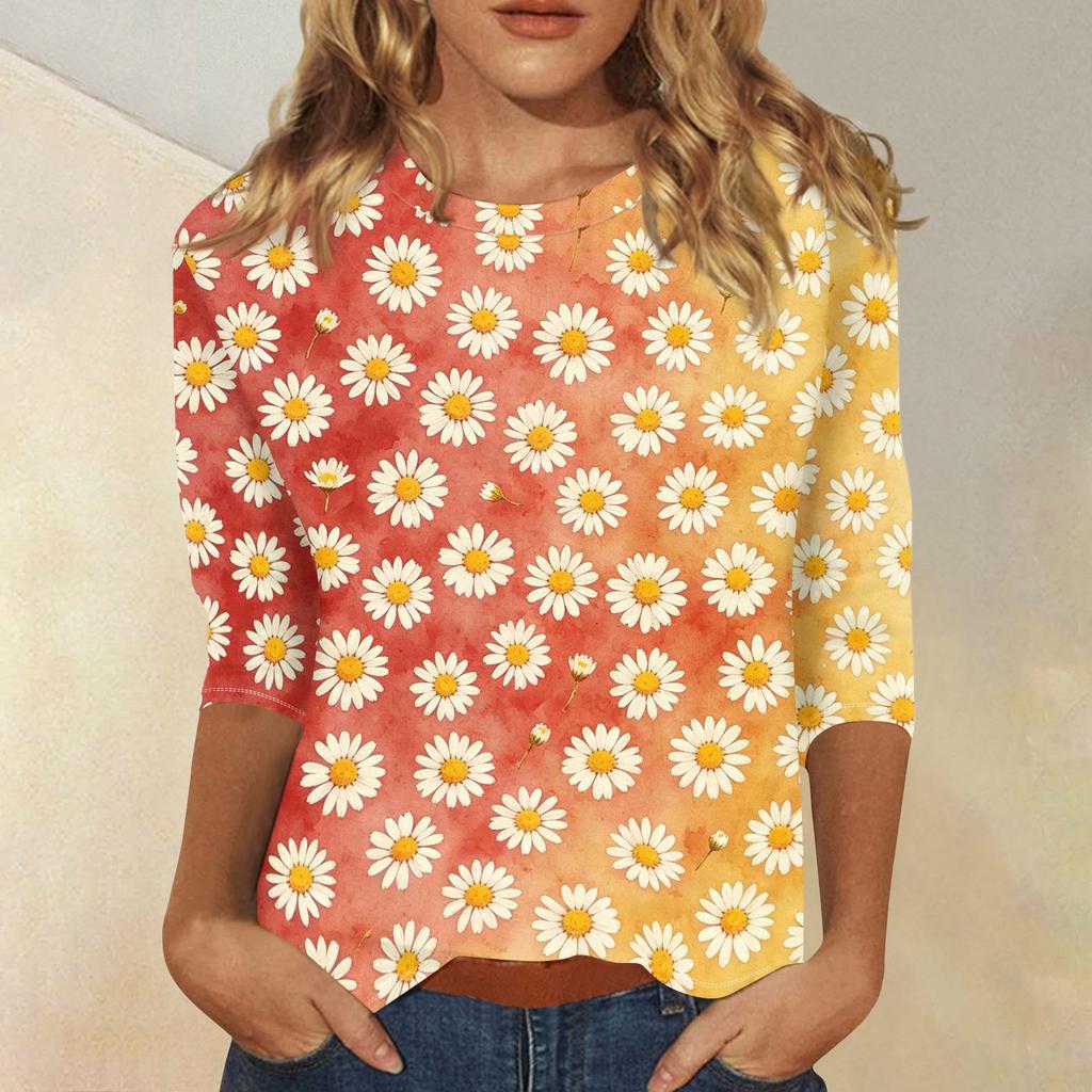 Top da Donna Casual a Manica a Tre Quarti con Stampa Floreale Girocollo Vestibilità Larga Pullover Camicetta Leggera per l'Uso Quotidiano