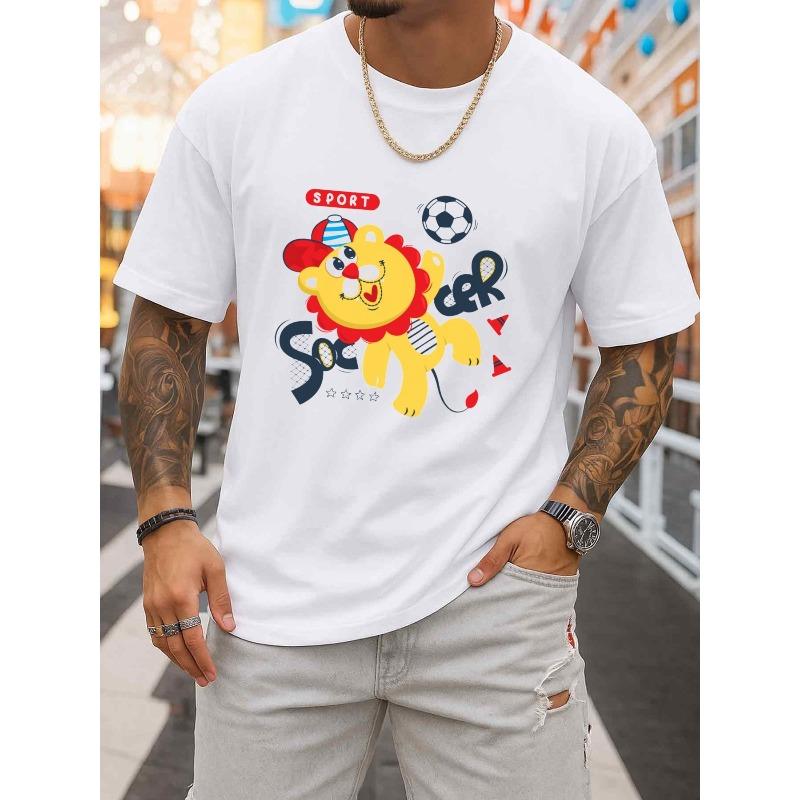 

European sizes Sporty Lion Soccer T-Shirt | Mens Round Neck White Casual Gifts, All-season Fitness Top, Stylish and Sporty Look, Durable Activewear 4XL білий