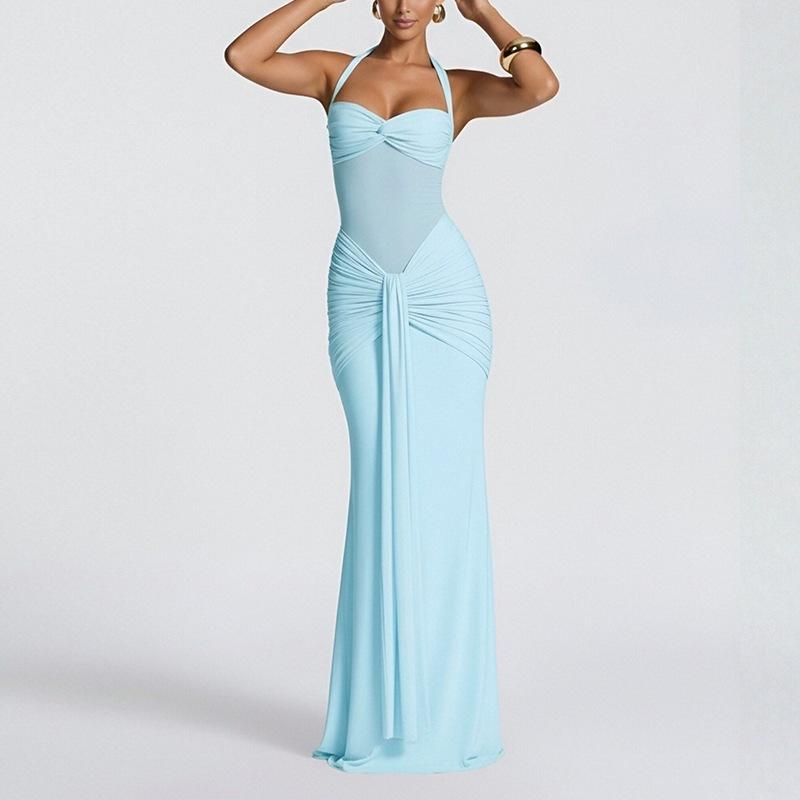 European and American Women's Clothing, New Spring Models, Neck Strap, Solid Color Hip-wrapped Long Dress Dress.