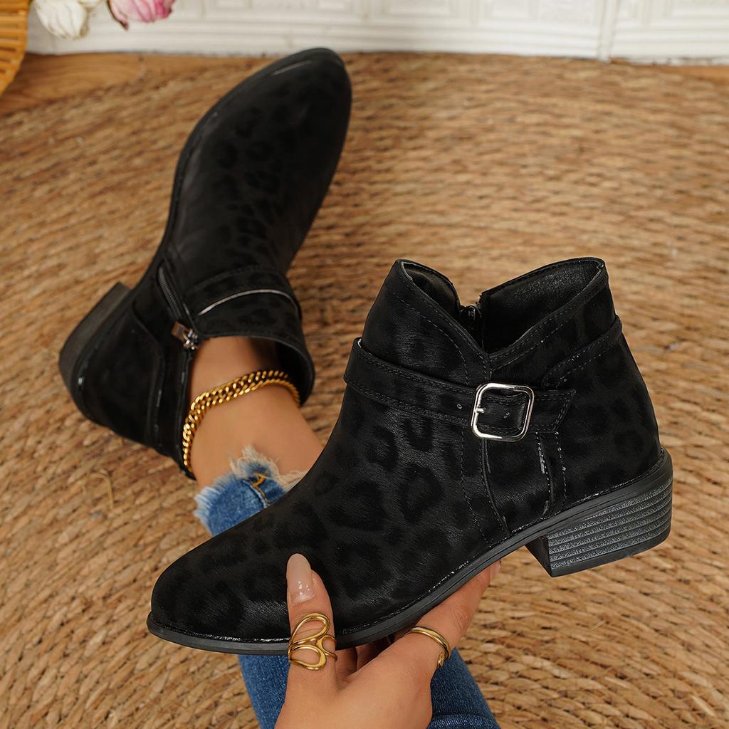 Autumn and winter new leopard print thick heel medium heel comfortable large size fashion boots women's European and American side zipper boots